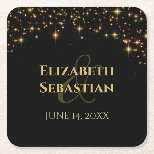 Elegant Gold Sparkle Stars on Black Simple Wedding Square Paper Coaster