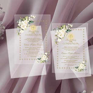 Elegant Gold Sparkles White Floral Holy Communion Acrylic Invitations