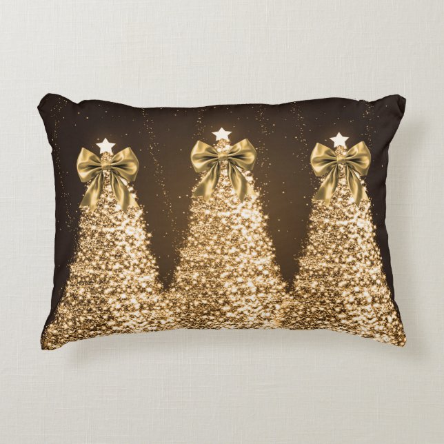 Elegant Gold Sparkling Christmas Trees & Bows  Accent Pillow (Front)