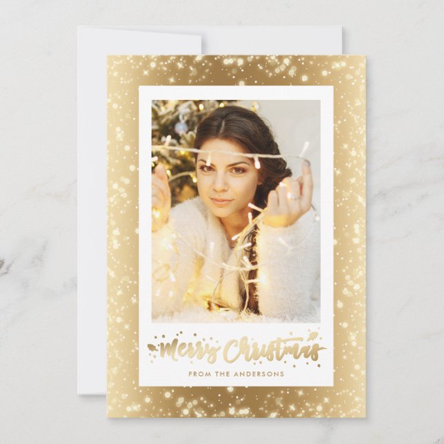 Elegant Gold Sparkly Snow Photo Christmas Cards (Front)