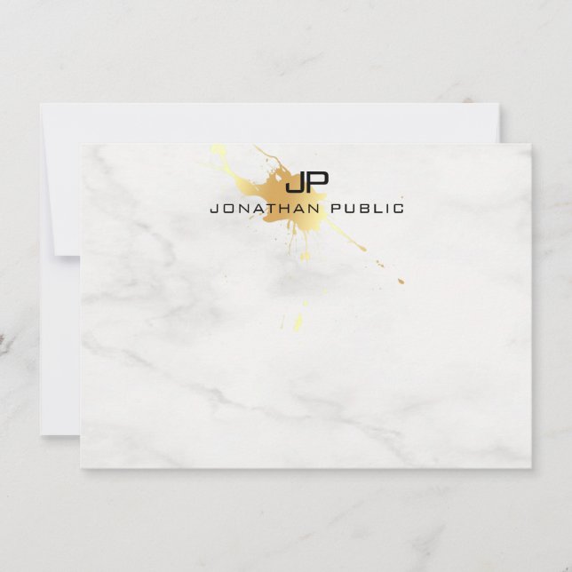 Elegant Gold Splash Modern Monogram White Marble Note Card (Front)