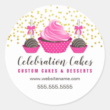 Elegant Gold Sprinkles Pink Cupcake Cake Pops Classic Round Sticker by SocialiteDesigns at Zazzle