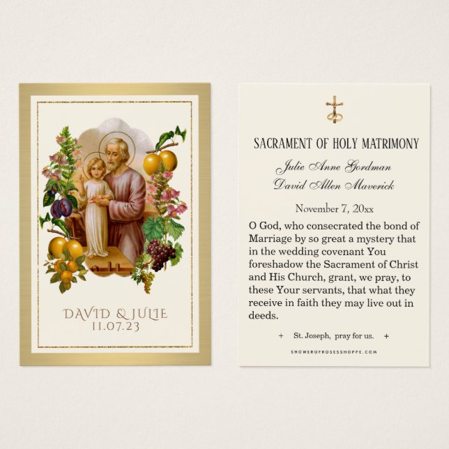 Elegant Gold St. Joseph Wedding Holy Card  (Front & Back)