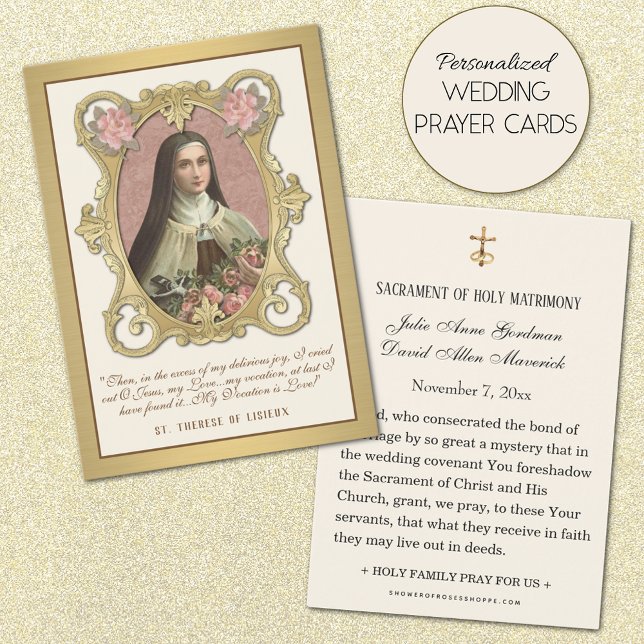 Elegant Gold St. Therese Roses Wedding Holy Card  (Personalized Catholic Wedding Holy Card with Beautiful Image of St. Therese of Lisieux.)