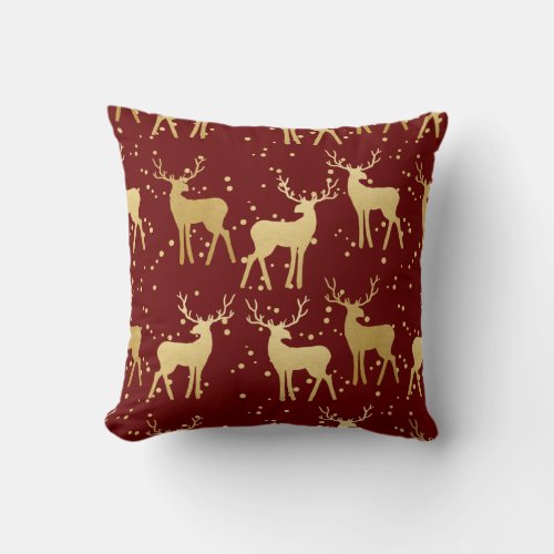 Elegant Gold Stag Pattern  Holiday Dark Red Throw Pillow