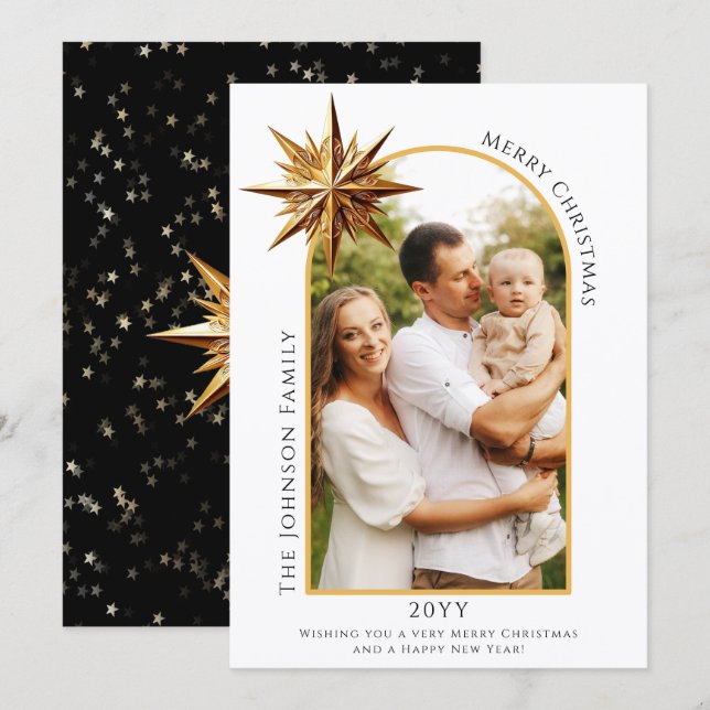 Elegant Gold Star Holiday Photo Card (Front/Back)