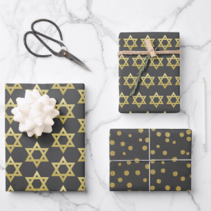 Elegant Gold Star of David & Gold Confetti Black Wrapping Paper Sheets