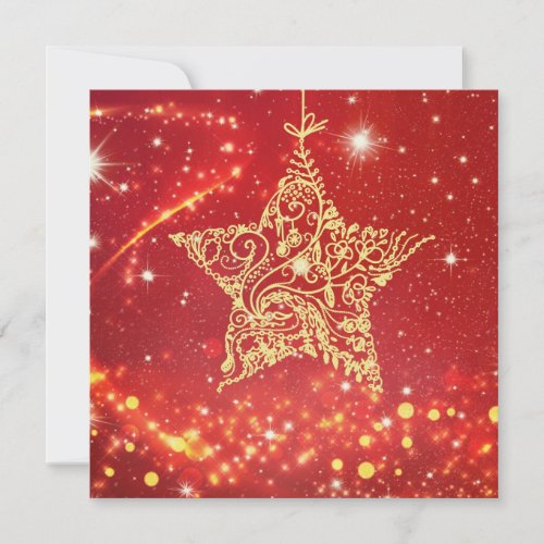 Elegant Gold Star on Red with Swirls Holiday Card