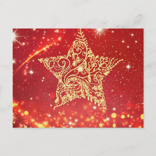 Elegant Gold Star on Red with Swirls Holiday Postcard