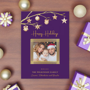 Elegant Gold Star Ornaments Purple Holiday Card