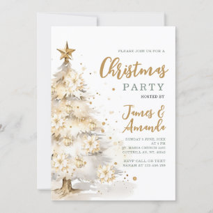 Elegant Gold Star White Christmas Tree Party Invitation
