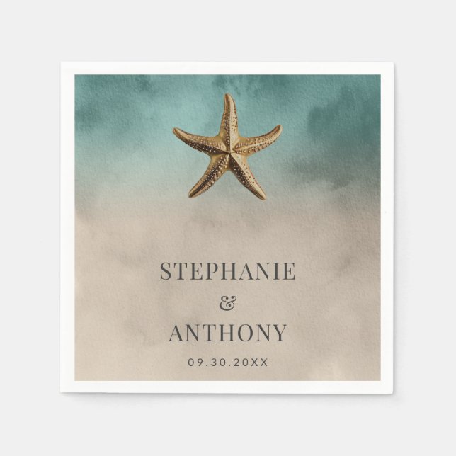 Elegant Gold Starfish Beach-Themed Wedding Napkins (Front)