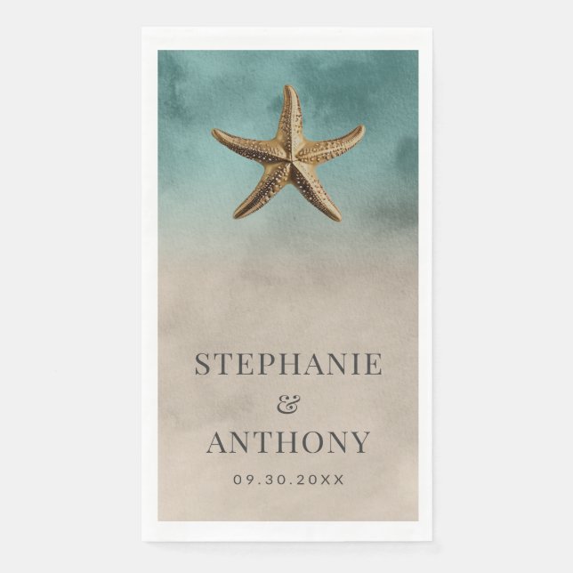 Elegant Gold Starfish Beach-Themed Wedding Paper Guest Towels (Front)