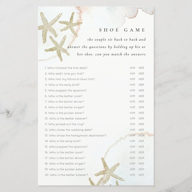 Elegant Gold Starfish Shoe Game Bridal Shower Game (Front)