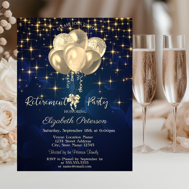 Elegant Gold Stars Balloons Navy Blue Retirement Invitation (Creator Uploaded)