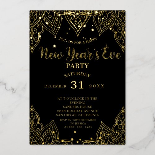 Elegant Gold Stars Black New Years Eve Party   Foil Invitation