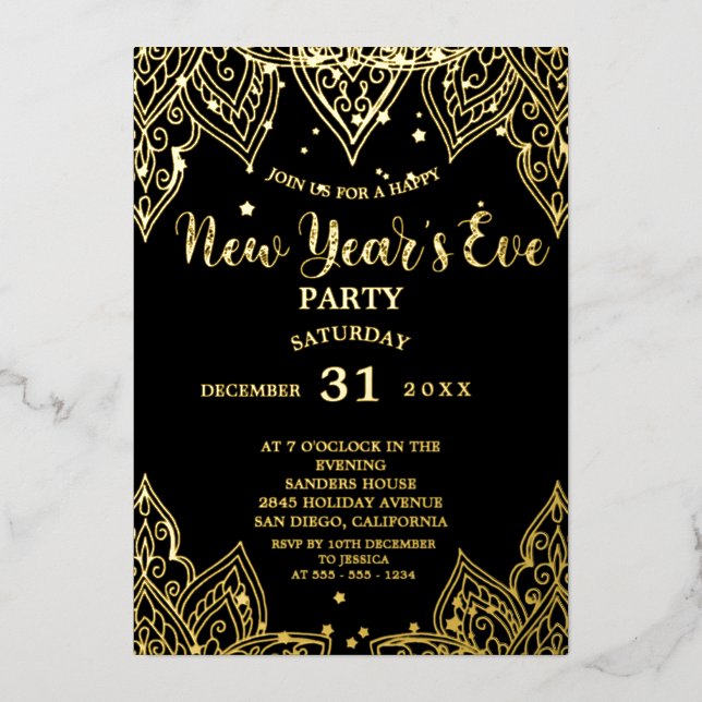 Elegant Gold Stars Black New Year's Eve Party   Foil Invitation (Front)