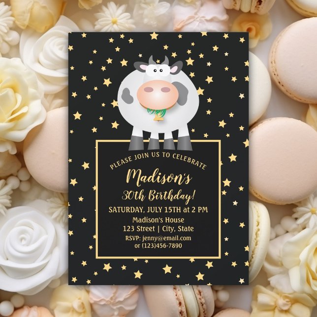 Elegant Gold Stars Cute Cartoon Cow 30th Birthday Invitation (Creator Uploaded)
