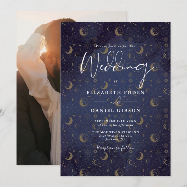 Elegant Gold Stars Moon Photo Celestial Wedding Invitation (Front/Back)