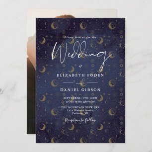 Elegant Gold Stars Moon Photo Celestial Wedding Invitation