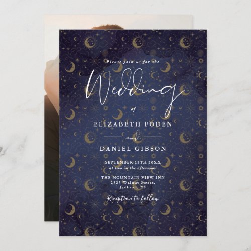 Elegant Gold Stars Moon Photo Celestial Wedding Invitation
