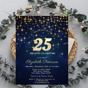 Elegant Gold Stars Navy Blue 25th Birthday Party Invitation