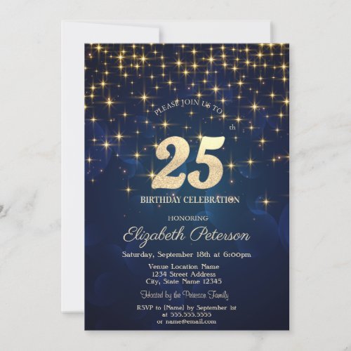 Elegant Gold Stars  Navy Blue 25th Birthday Party Invitation