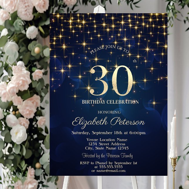 Elegant Gold Stars  Navy Blue 30th Birthday Party Invitation (Creator Uploaded)