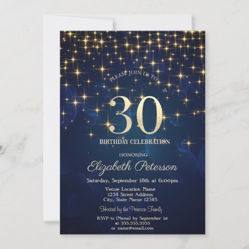 Elegant Gold Stars  Navy Blue 30th Birthday Party Invitation
