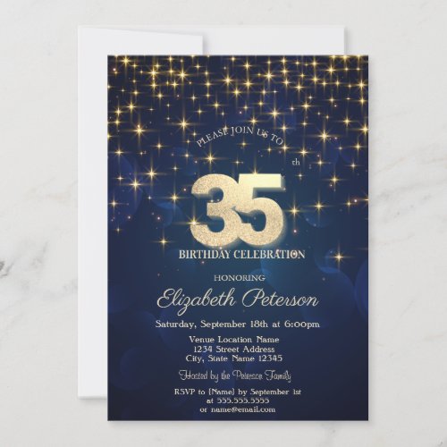 Elegant Gold Stars  Navy Blue 35th Birthday Party Invitation