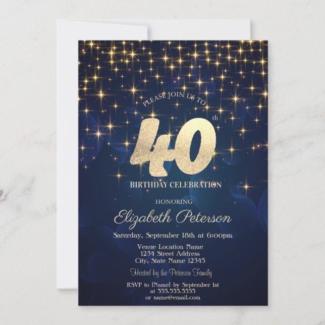 Elegant Gold Stars  Navy Blue 40th Birthday Party Invitation (Front)