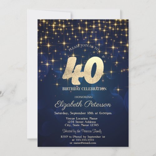 Elegant Gold Stars  Navy Blue 40th Birthday Party Invitation