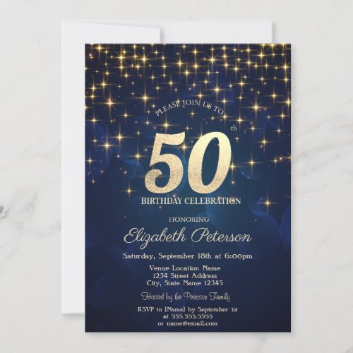 Elegant Gold Stars  Navy Blue 50th Birthday Party Invitation