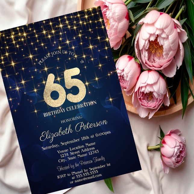Elegant Gold Stars  Navy Blue 65th Birthday Party Invitation (Creator Uploaded)
