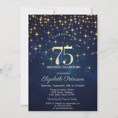 Elegant Gold Stars  Navy Blue 75th Birthday Party Invitation