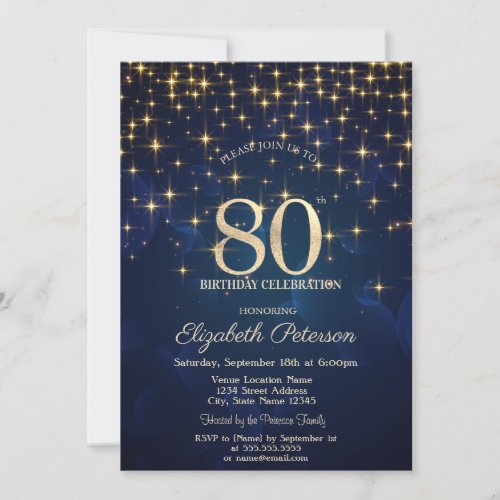 Elegant Gold Stars  Navy Blue 80th Birthday Party Invitation