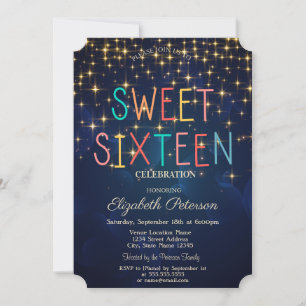 Elegant Gold Stars Navy Blue Colorful Sweet 16 Invitation