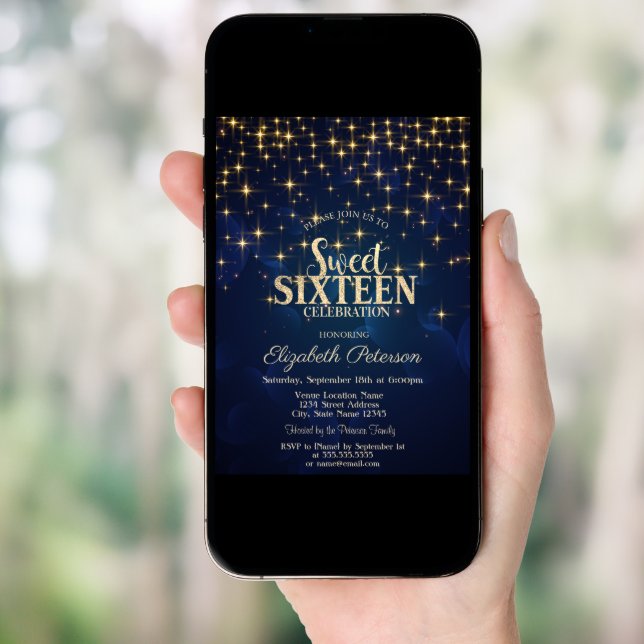 Elegant Gold Stars  Navy Blue Sweet 16 Invitation (Front Digital)