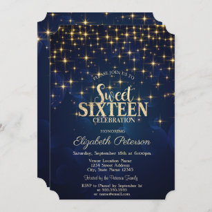 Elegant Gold Stars  Navy Blue Sweet 16 Invitation