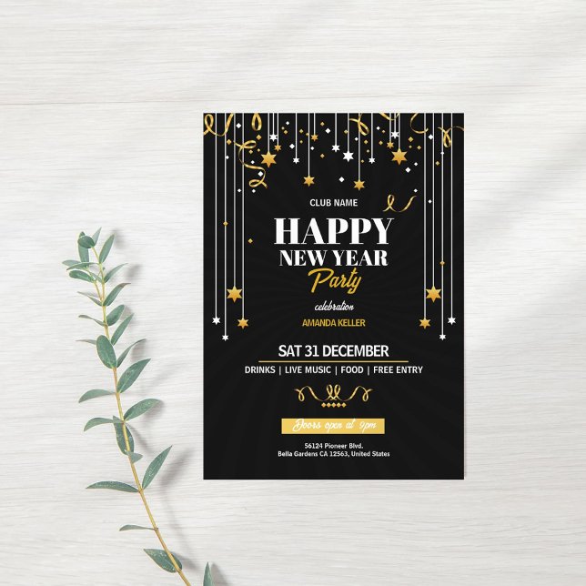Elegant Gold Stars New Year’s Eve Party Invitation (Creator Uploaded)