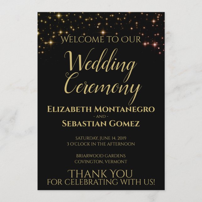 Elegant Gold Stars on Black Festive Wedding  Program (Front)