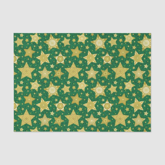 Elegant Gold Stars  on Green Damask Tissue Paper (Front)
