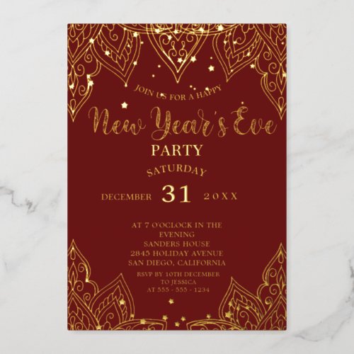 Elegant Gold Stars Red New Years Eve Party    Foil Invitation