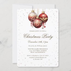 Elegant Gold Stars Red Ornaments Christmas Party Invitation