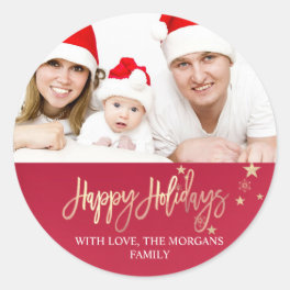 Elegant Gold Stars Red Photo Merry Christmas Classic Round Sticker