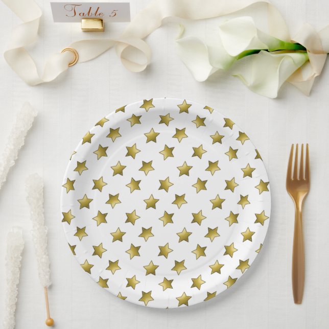 Elegant gold stars white pattern paper plates (Wedding)