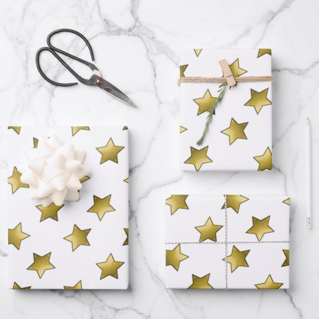 Elegant gold stars white pattern wrapping paper sheets (Front)