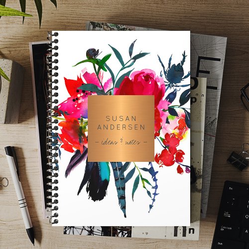 Elegant gold steel copper metallic red navy floral notebook