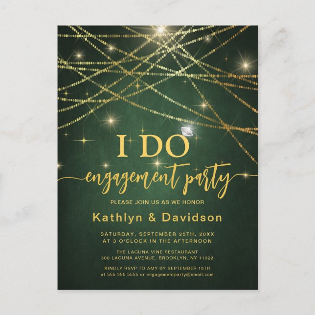 Elegant Gold String Lights Green I DO Engagement Invitation Postcard (Front)