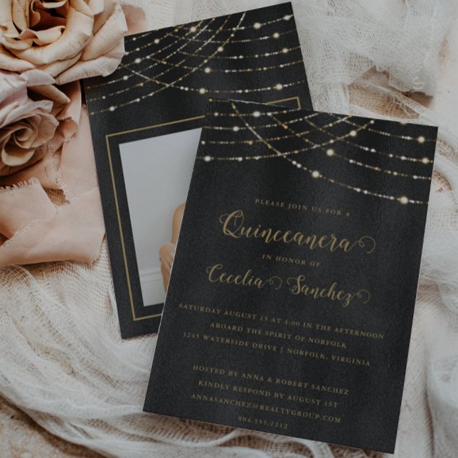 Elegant Gold String Lights Photo Quinceanera  Invitation (Creator Uploaded)
